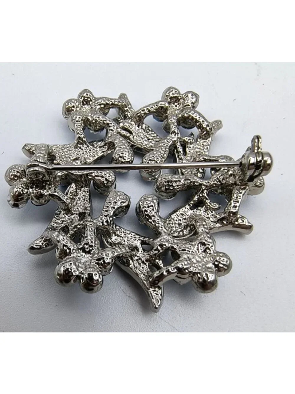 Vintage Silver-Tone Brooch Blue Rhinestone Floral Design